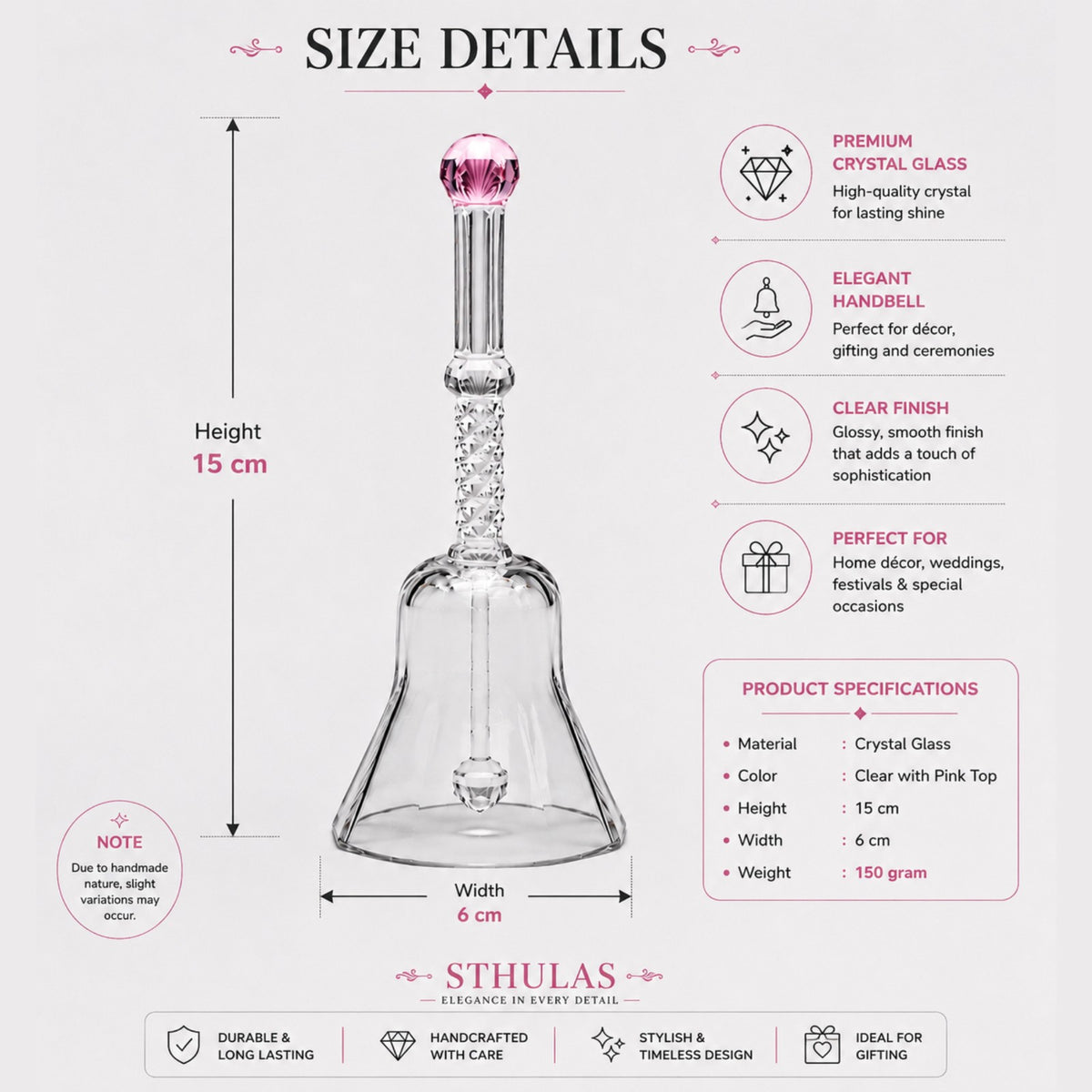 Sthula's Crystal Glass Decorative Bell – Transparent Glass Bell with Pink Handle
