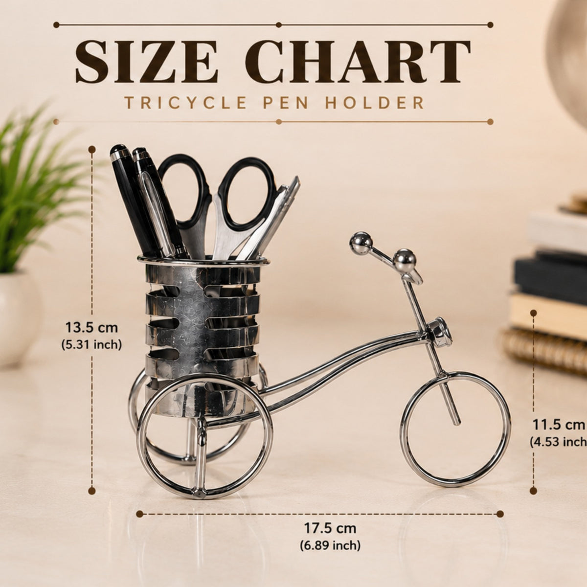 Sthula's Bicycle Pen Stand Decorative Showpiece – Silver Metal Cycle Desk Organizer