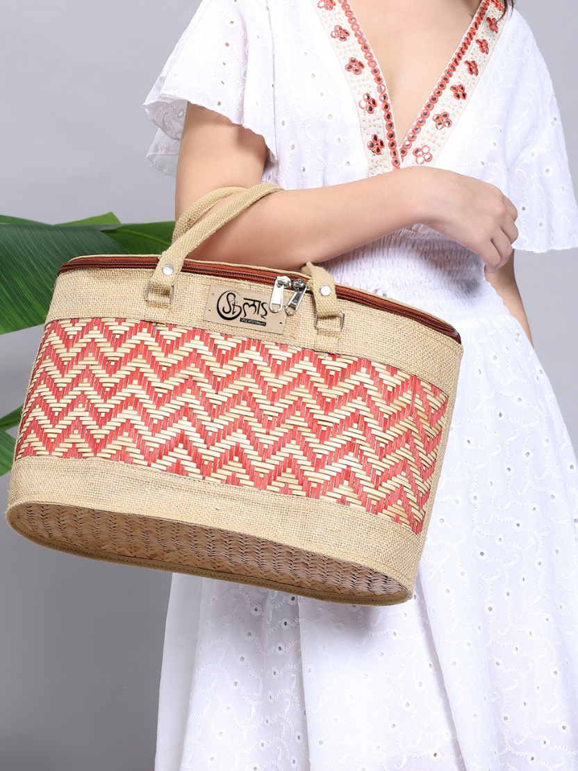 Sthula's Handwoven Bamboo Women’s Red Tote Bag