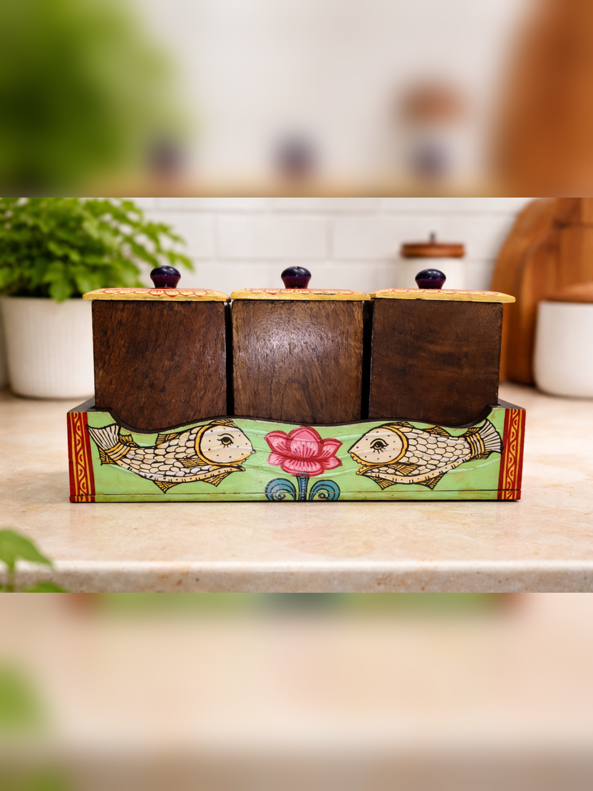 Sthula's Handcrafted Multicolor Wooden Sugar Tea Coffee Jar Set with Tray