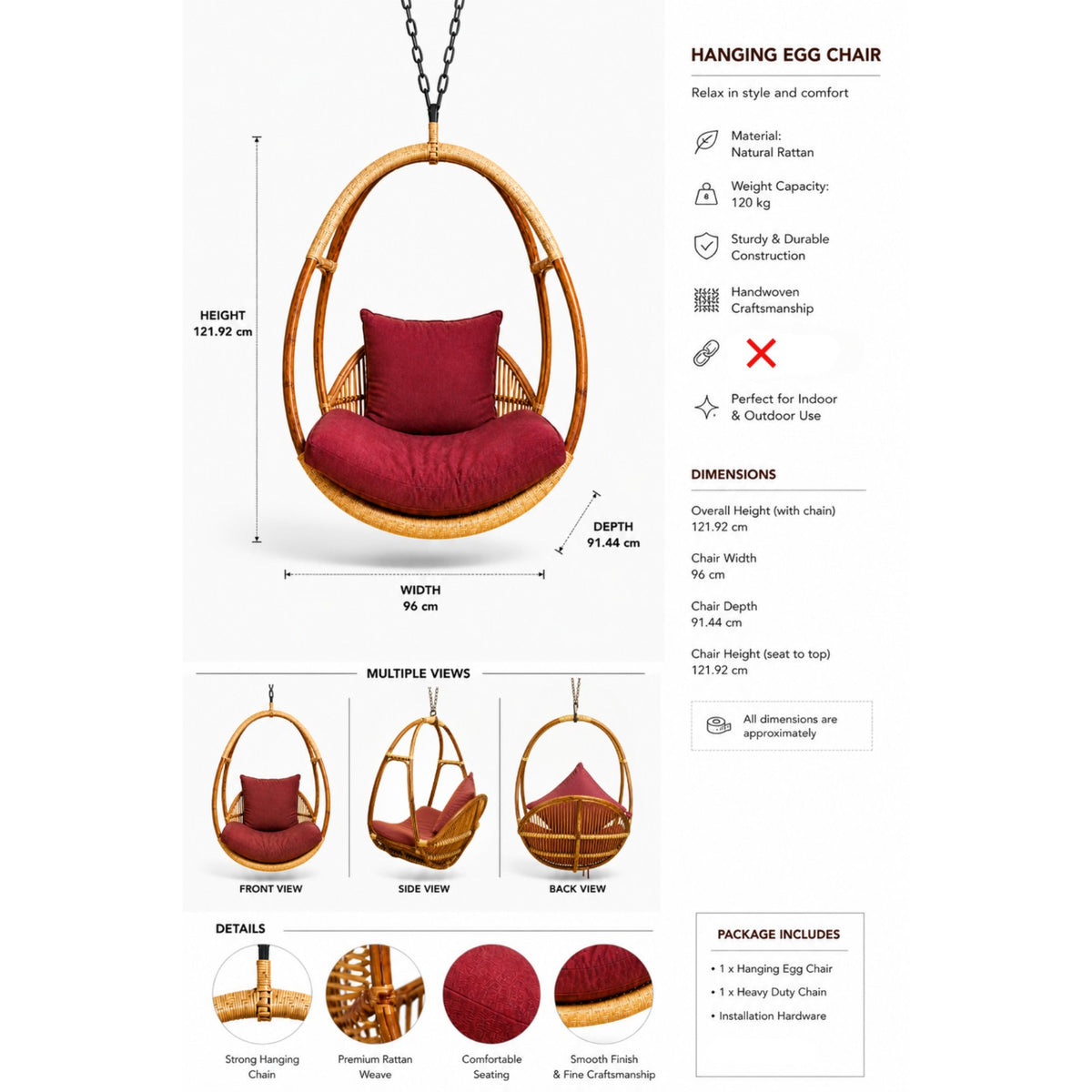 Sthhula's Rattan Hanging Swing Chair – Natural Brown Cane Egg Chair