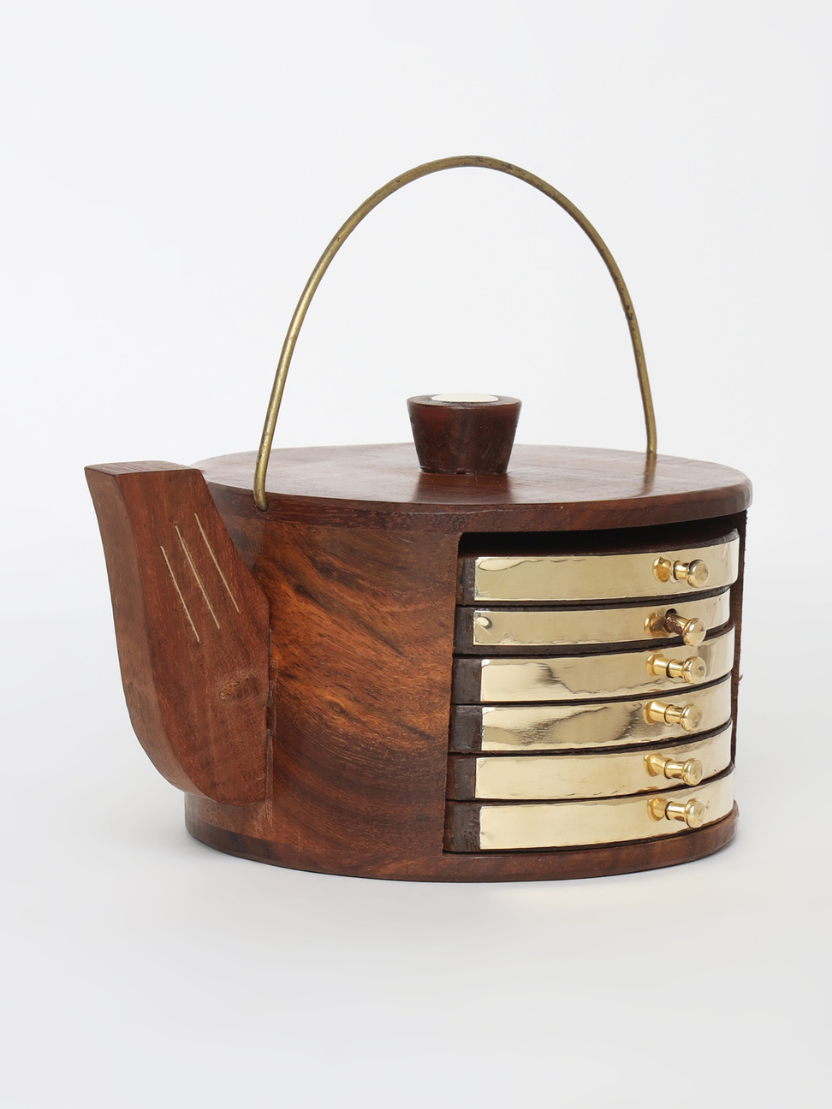 Sthula's Handcrafted Brown Wooden Coaster Set with Kettle Holder