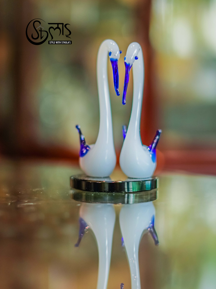 Sthula's Handcrafted Glass Swan Couple Showpiece