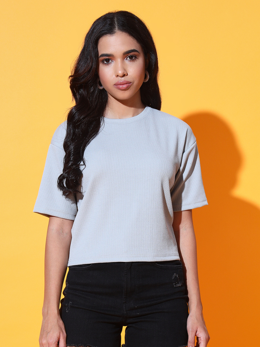 Sthula's Women Light Grey Ribbed Solid Cotton Crop Top