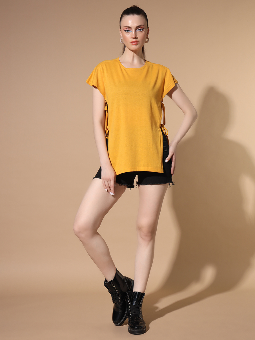 Sthula's Women Yellow Solid Cotton Side Cut Top