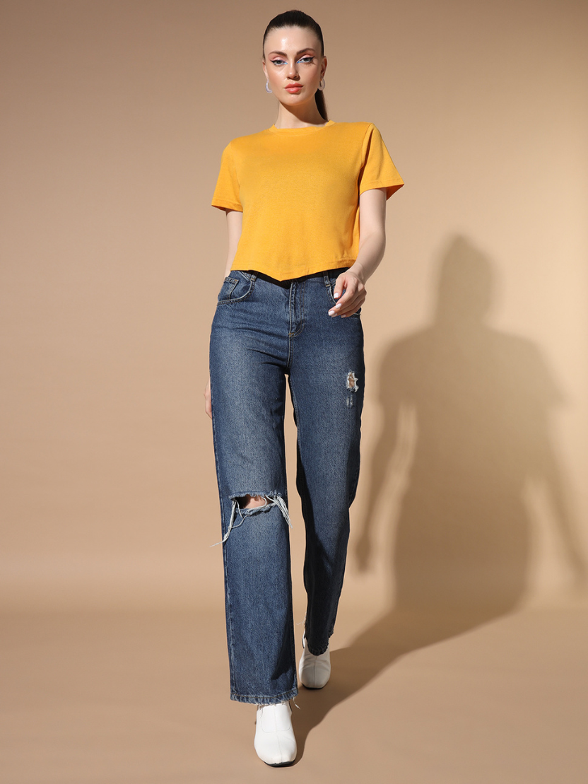 Sthula's Yellow Cotton V-Style T-Shirt for Women