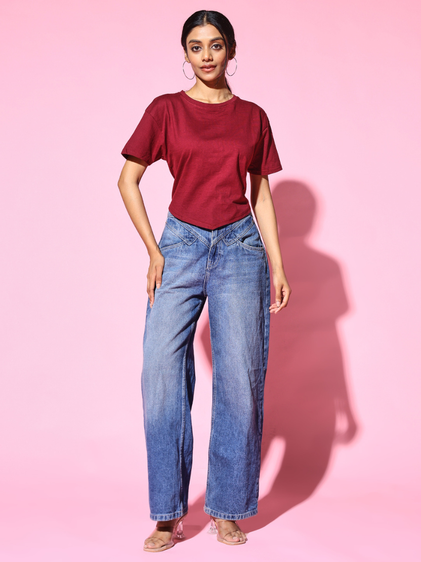 Sthula's Maroon Cotton V-Style T-Shirt for Women