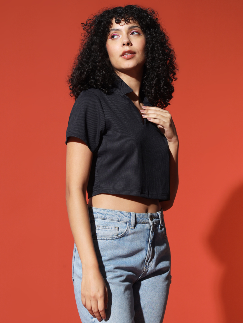 Sthula's Women Black Ribbed Solid Cotton Collar Crop Top
