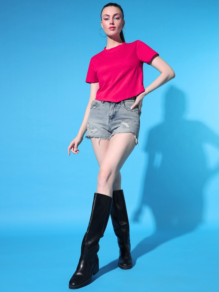 Sthula's Women Pink Solid Cotton V-Style Crop Top