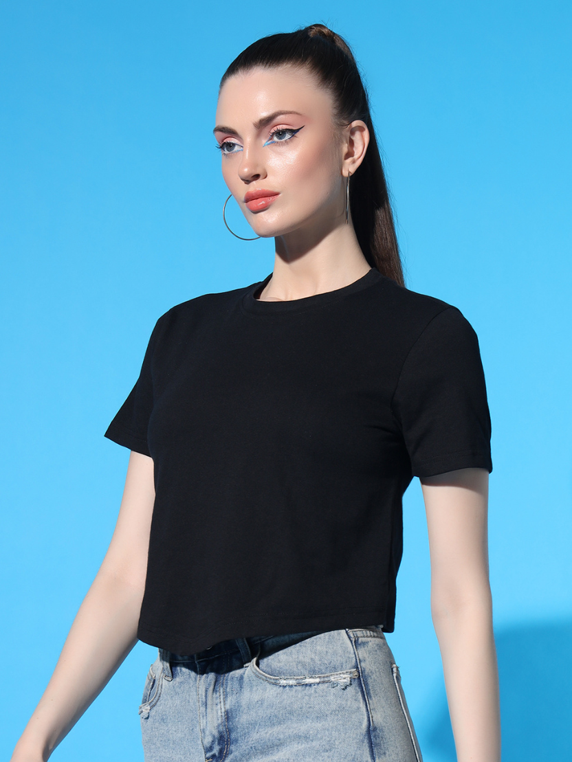 Sthula's Black V-Style Cotton T-Shirt for Women