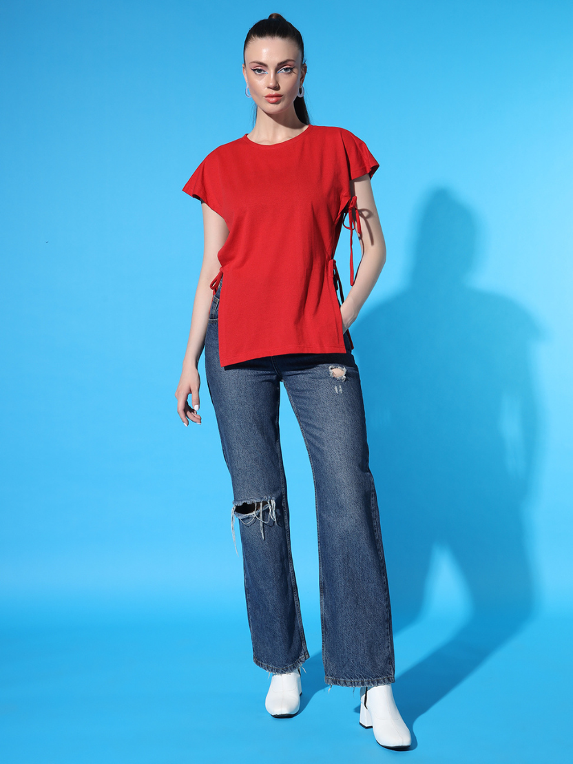 Sthula's Women Red Solid Cotton Side Cut Top