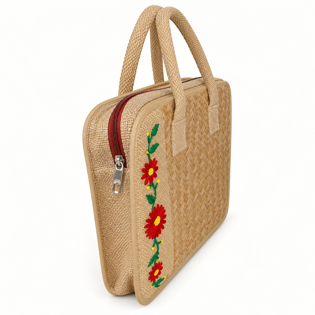 Sthula's Jute Woven Laptop Bag with Floral Embroidery