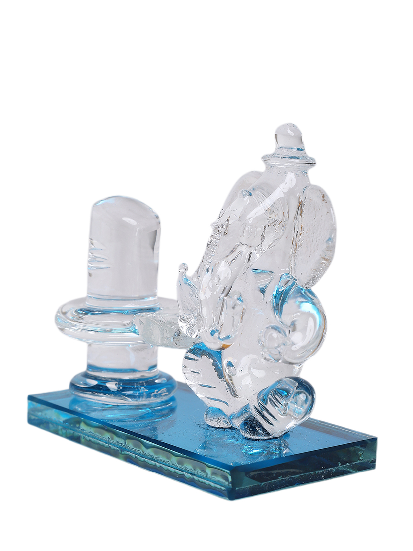 Sthula's Handcrafted Crystal Glass Shivling & Ganesh Idol Set on Blue Base