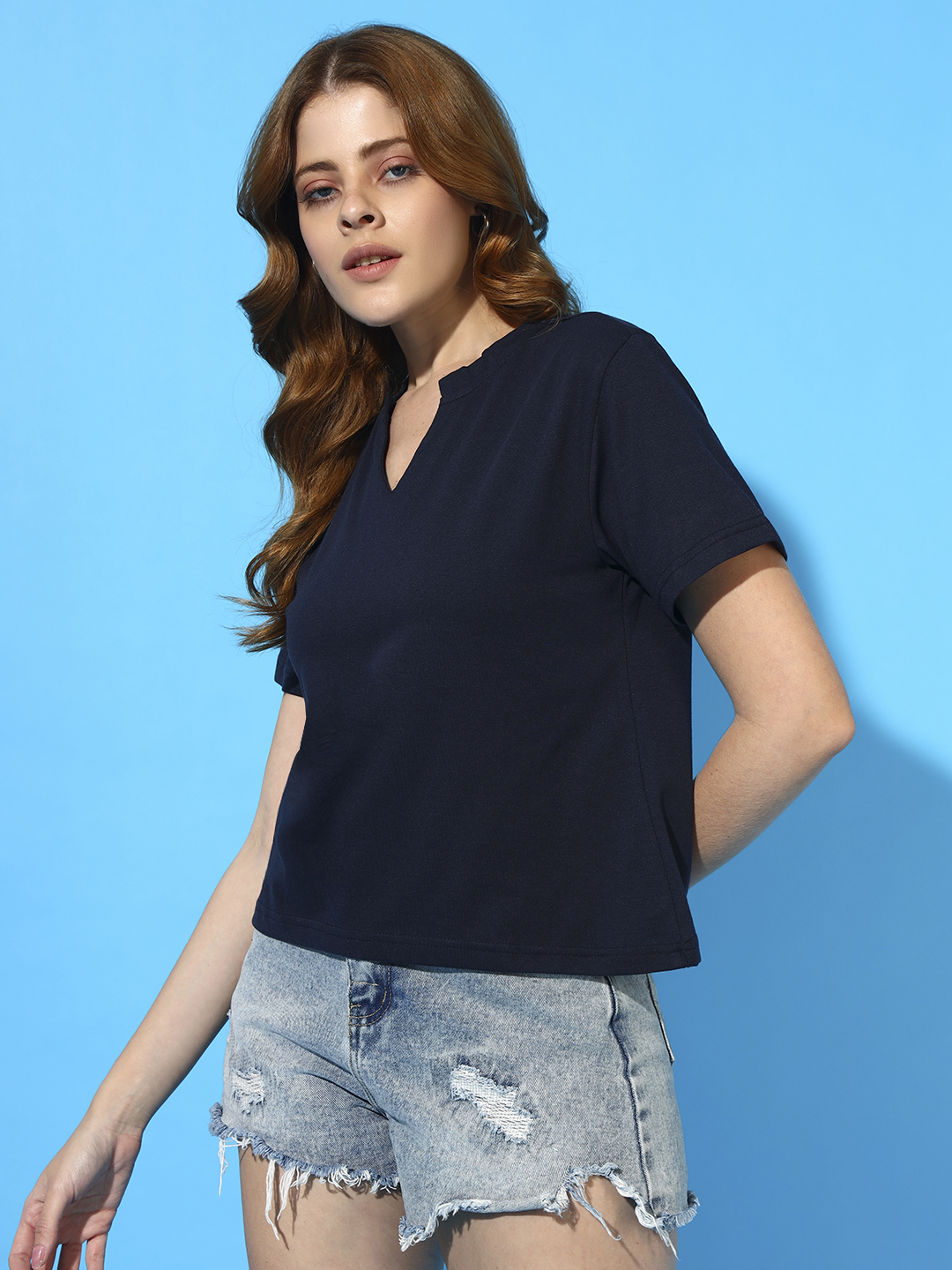 Sthulas Women’s Midnight Navy Notch Neck Tee | Stylish Casual Top - Alternate View