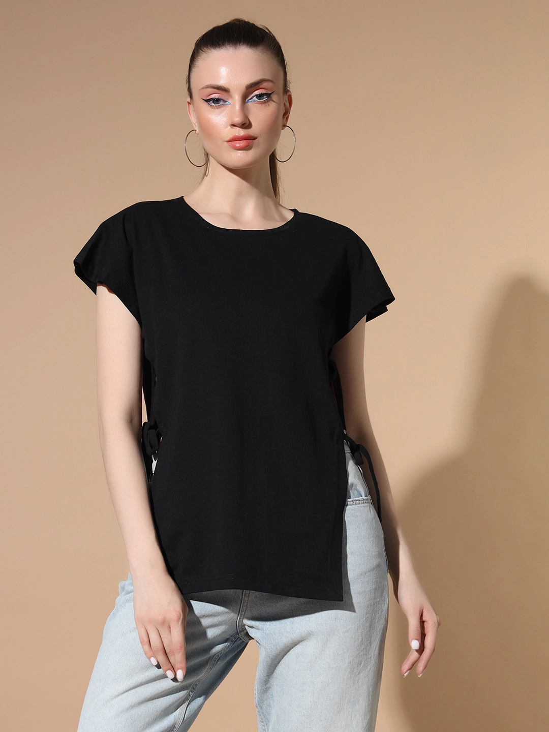 STHULA'S Black top with side cut in cotton fabric