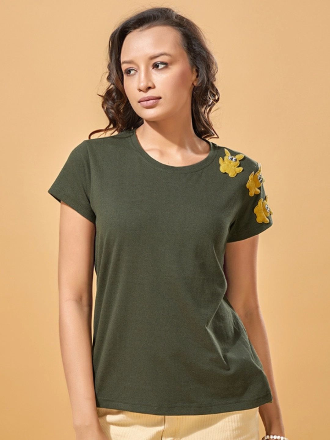Green Milange cute rabbit patches on shoulder women's t-shirt