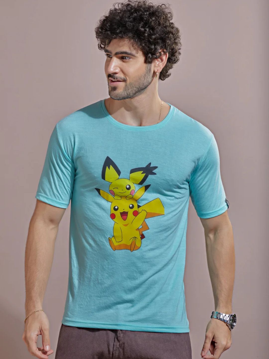 Light teal blue pokemon printed mens t-shirt