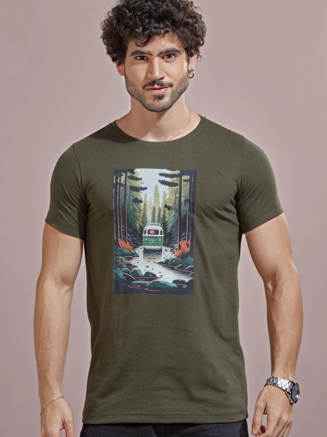 Forest printed green milange men's t-shirt