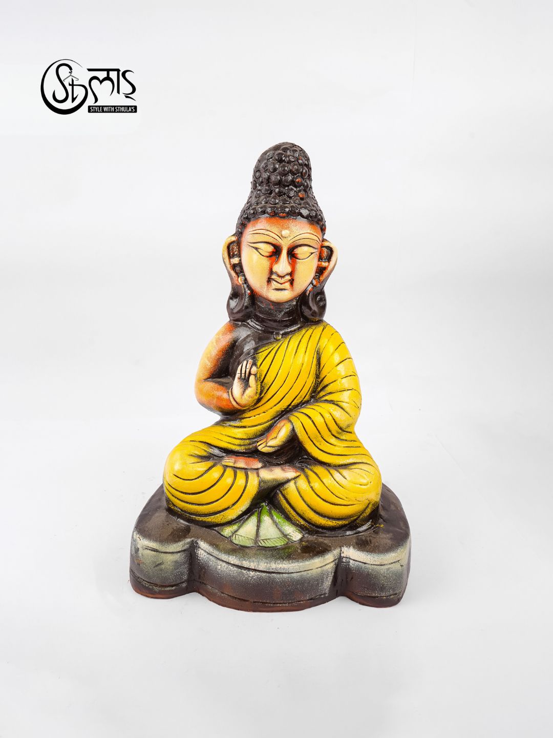 Terracotta Buddha with Yellow Robe – Artistic Religious Decor