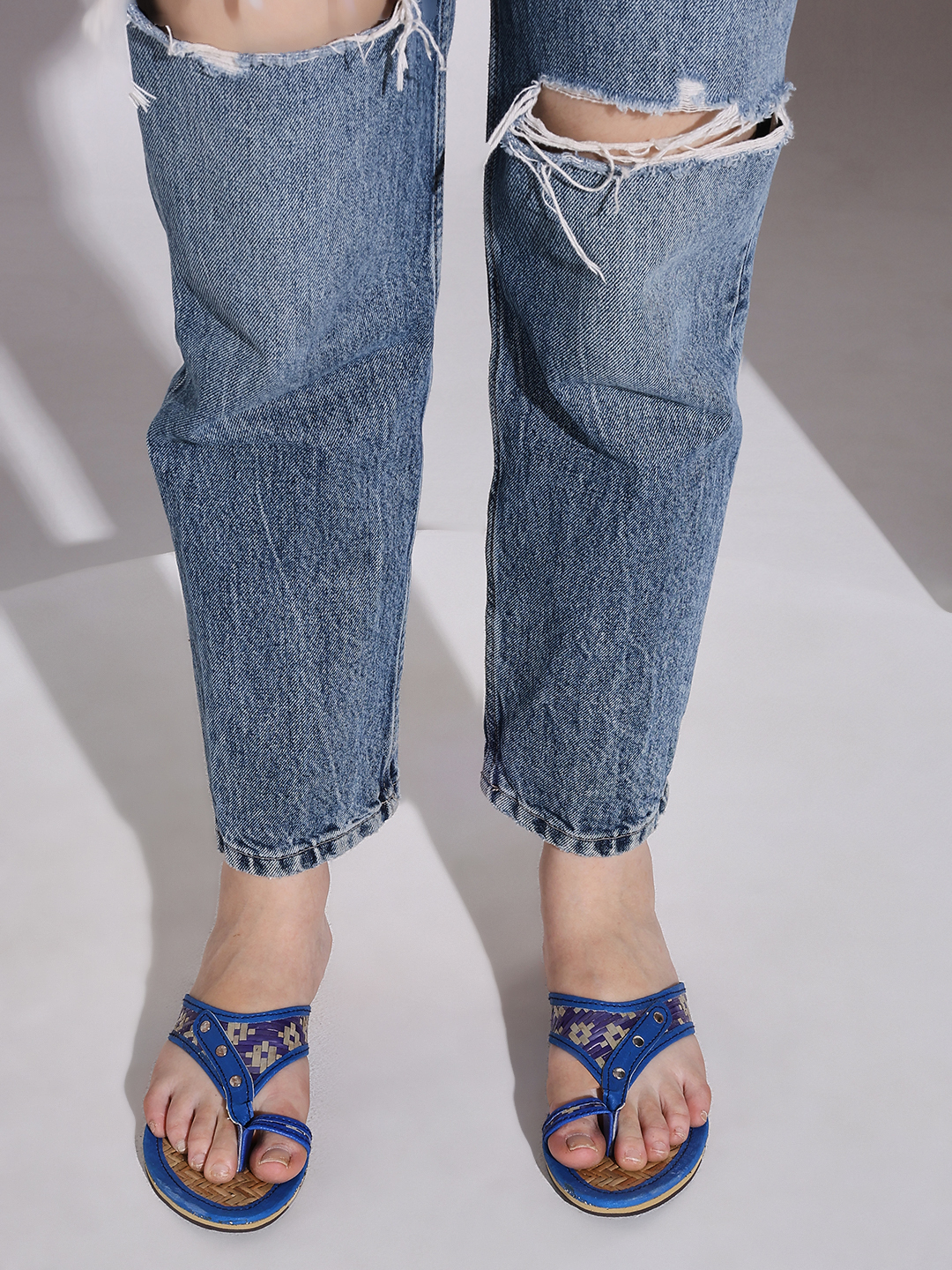 Handcrafted Blue Leather Kolhapuri Sandals for Women | Traditional Ethnic Flats with Studded Detailing – Sthulas
