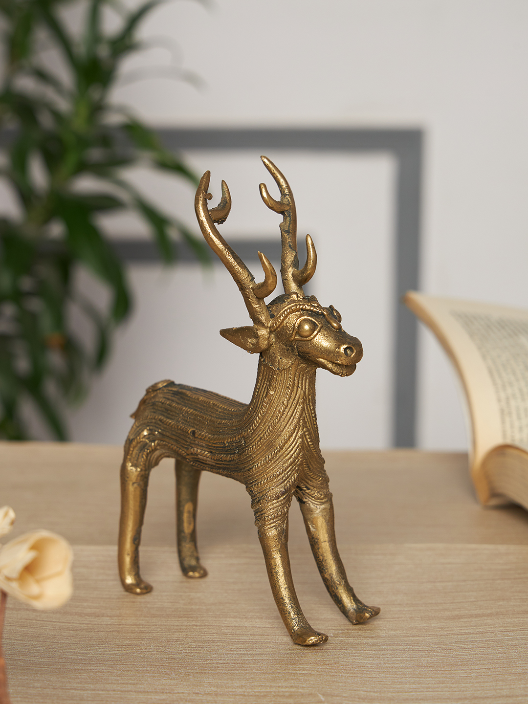 Handcrafted  dokra Deer Figurine | Antique Finish Metal Reindeer Sculpture for Home Décor