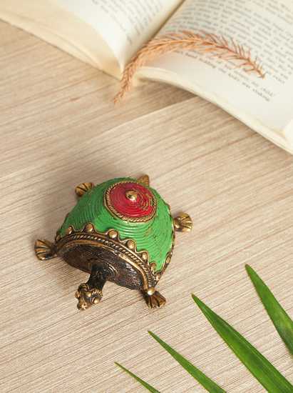 Handcrafted dokra Tortoise Figurine | Enamel Painted Kurma Idol for Vastu & Home Décor