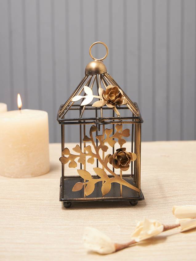 Handcrafted Metal Floral Lantern | Antique Gold Decorative Candle Holder for Home & Festive Décor