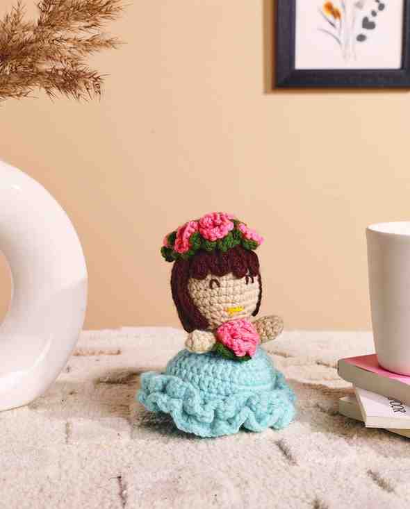 Handmade Crochet Doll in Blue Dress | Eco-Friendly Knitted Toy with Flower Crown – Sthulas
