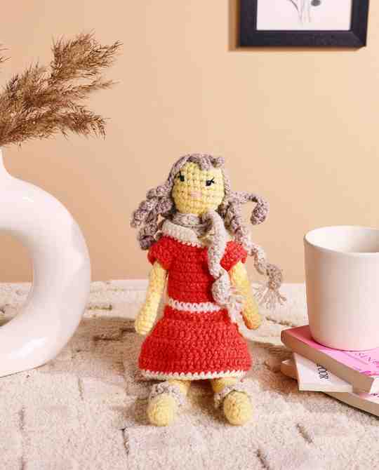 Handmade Crochet Doll in Red Dress | Eco-Friendly Knitted Toy for Kids & Home Décor – Sthulas