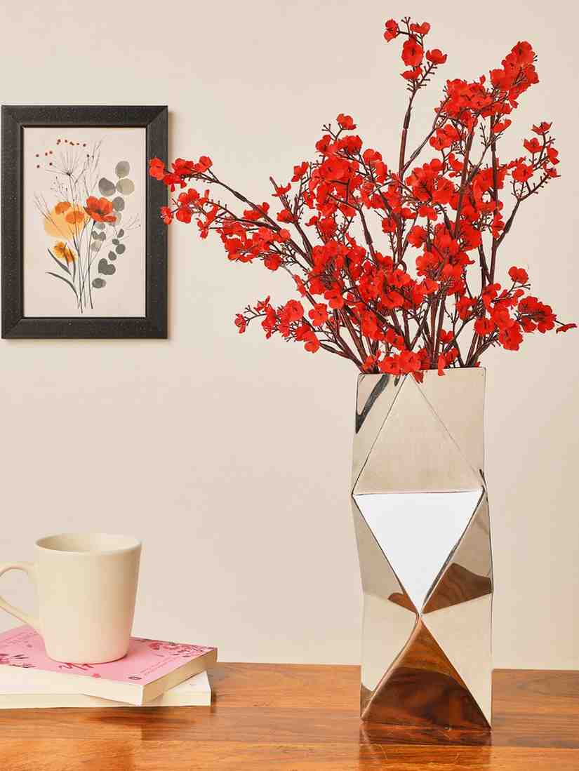 Modern Geometric Silver Metal Vase with Red Artificial Flowers | Luxury Home Décor by Sthulas