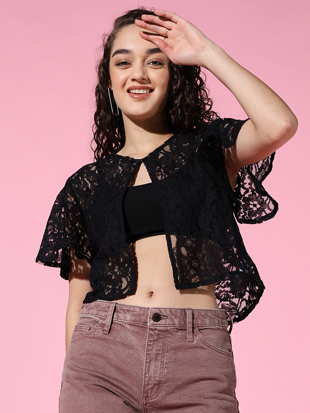 Women’s Black Floral Lace Shrug – Stylish Sheer Layered Top by Sthulas