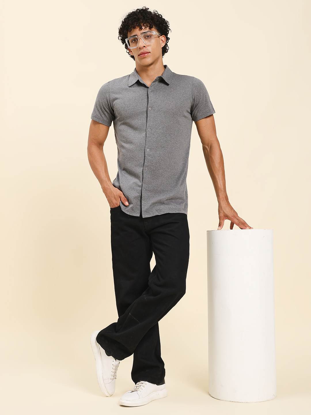 Men’s Grey Button-Down Cotton T-Shirt – Casual Collared Short Sleeve Tee by Sthulas