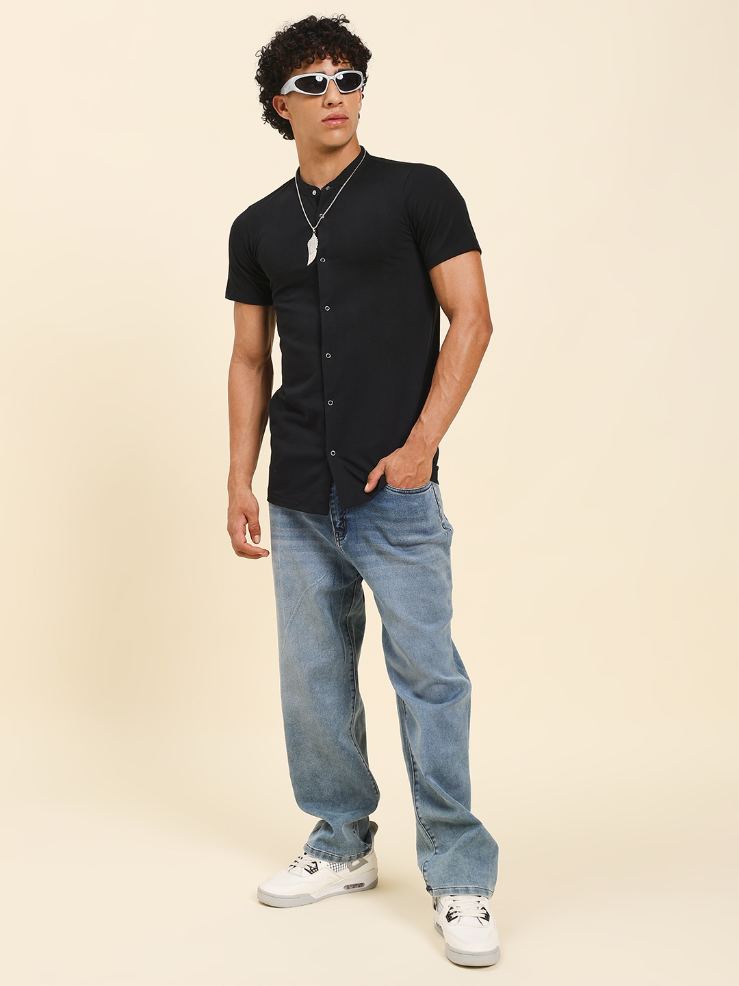 Men’s Black Mandarin Collar Button-Down T-Shirt – Slim Fit Casual Shirt-Style Tee by Sthulas