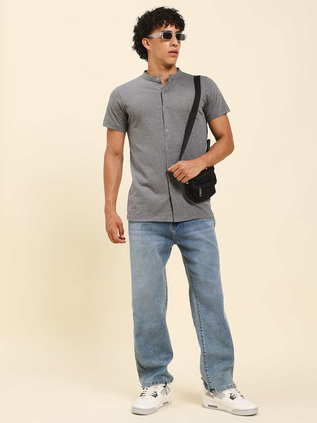 Men’s Grey Mandarin Collar Button-Down T-Shirt – Slim Fit Casual Cotton Tee by Sthulas