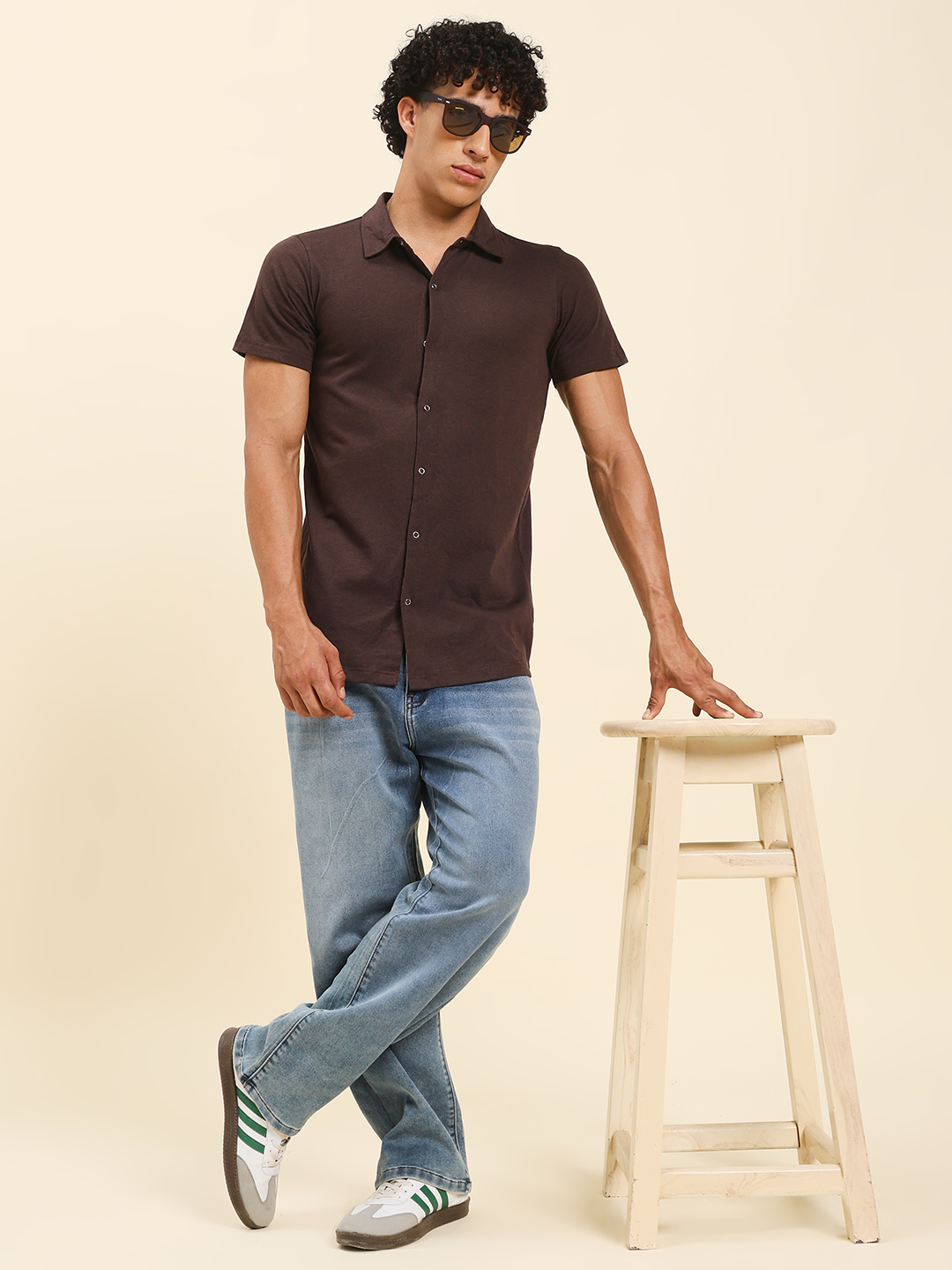 Men’s Brown Button-Down Cotton T-Shirt – Casual Collared Slim Fit Tee by Sthulas