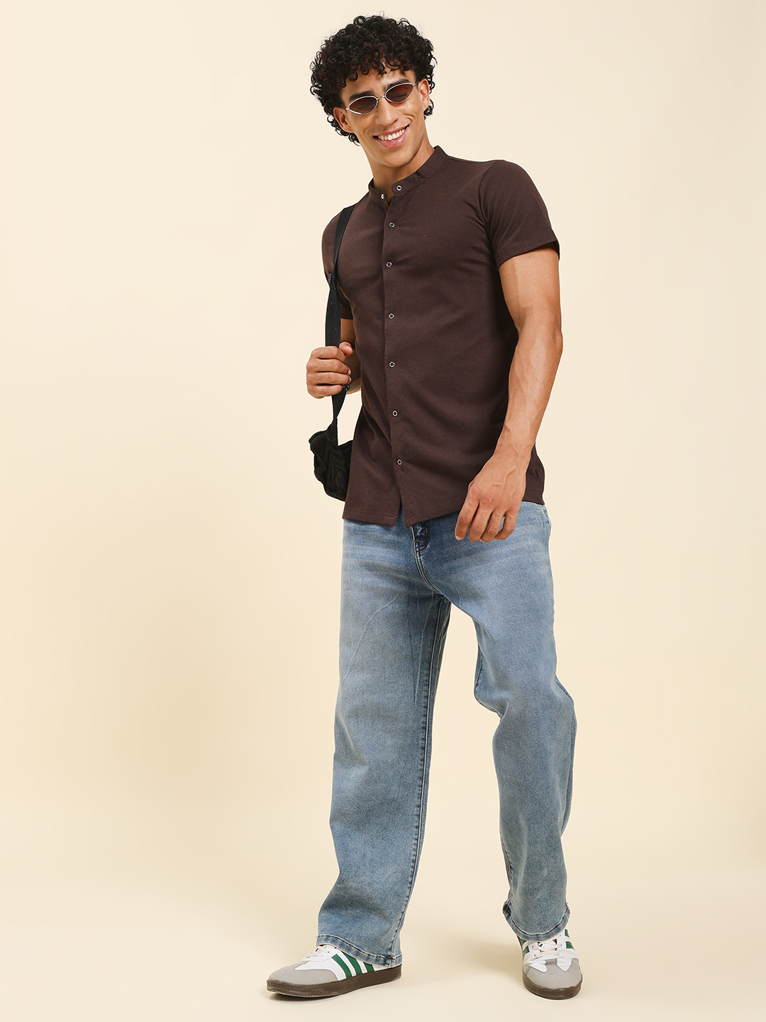 Men’s Brown Mandarin Collar Button-Down T-Shirt – Slim Fit Casual Cotton Tee by Sthulas