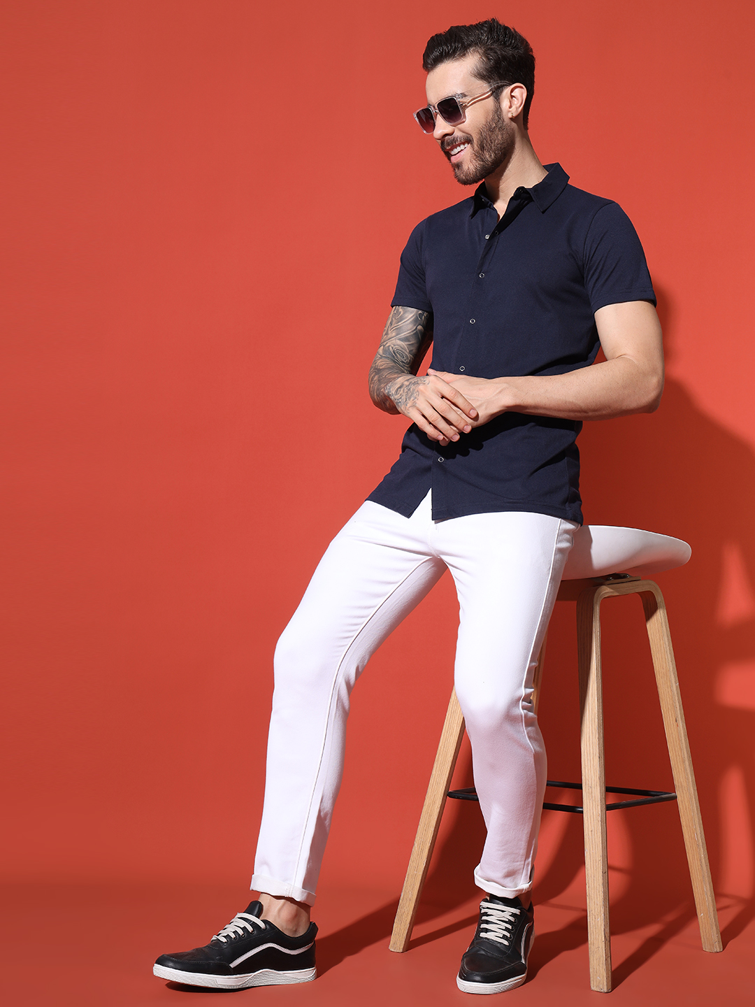 Men’s Navy Blue Button-Down Cotton T-Shirt – Slim Fit Collared Casual Tee by Sthulas