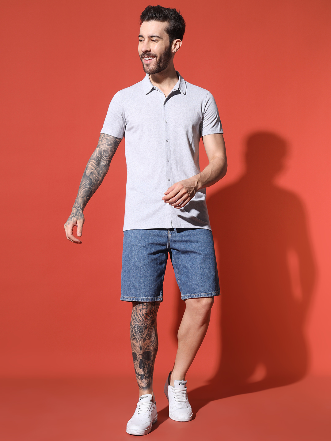 Men’s Light Grey Button-Down Cotton T-Shirt – Slim Fit Collared Casual Tee by Sthulas