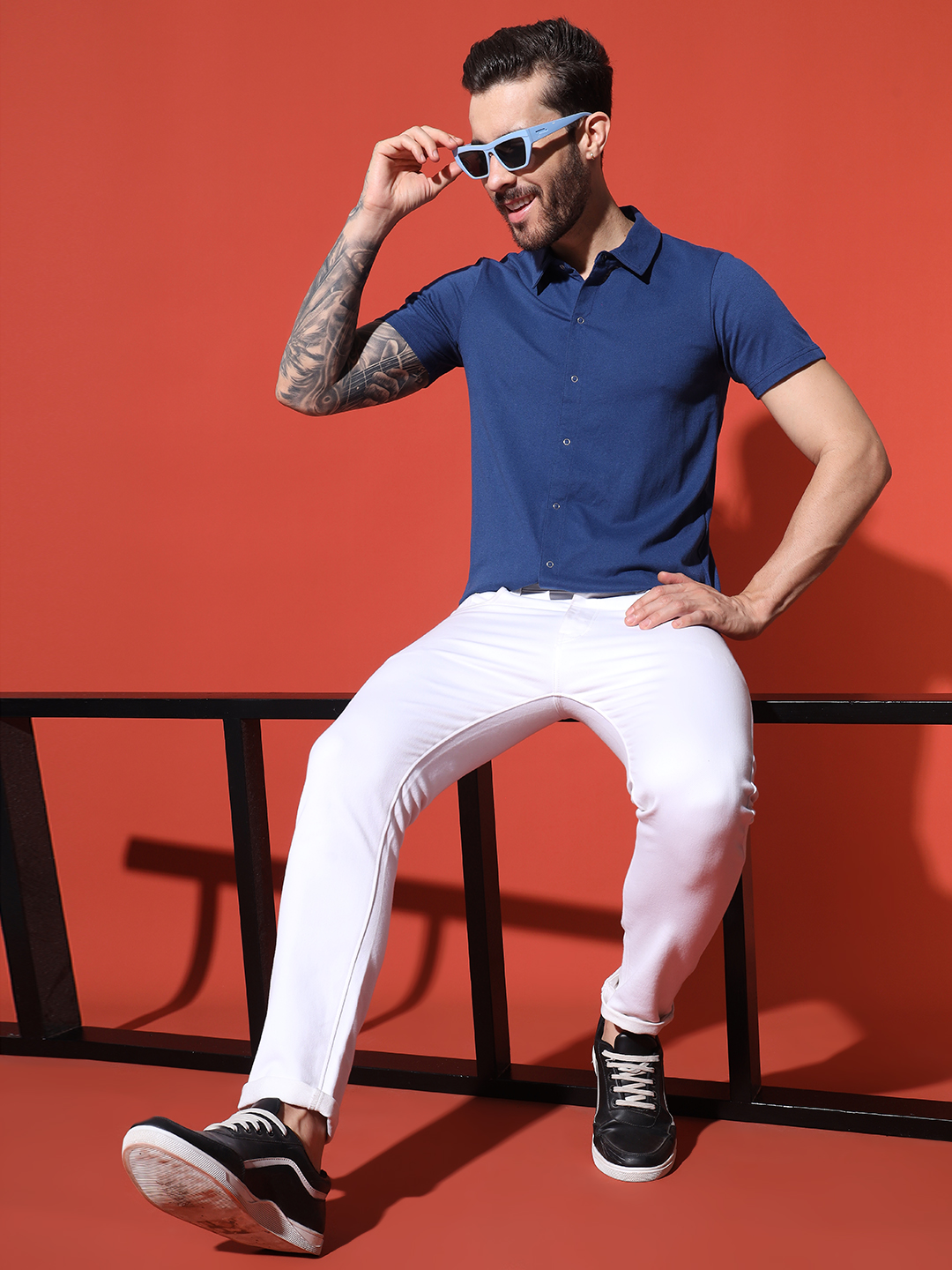 Men’s Royal Blue Button-Down Cotton T-Shirt – Slim Fit Collared Casual Tee by Sthulas