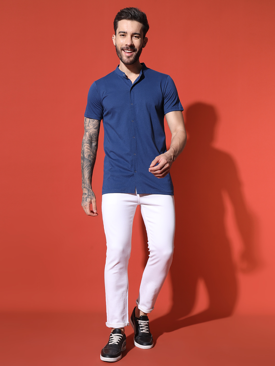 Men’s Royal Blue Mandarin Collar Button-Down Cotton T-Shirt – Slim Fit Casual Tee by Sthulas