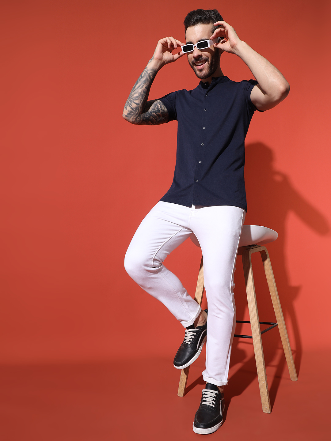 Men’s Navy Blue Mandarin Collar Button-Down Cotton T-Shirt – Slim Fit Casual Tee by Sthulas