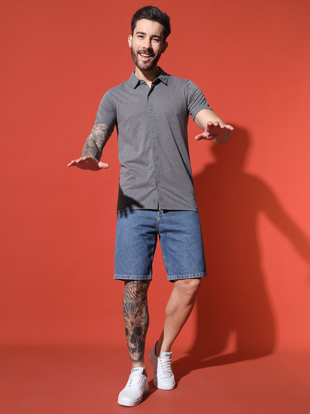 Men’s Grey Button-Down Cotton T-Shirt – Slim Fit Collared Casual Tee by Sthulas