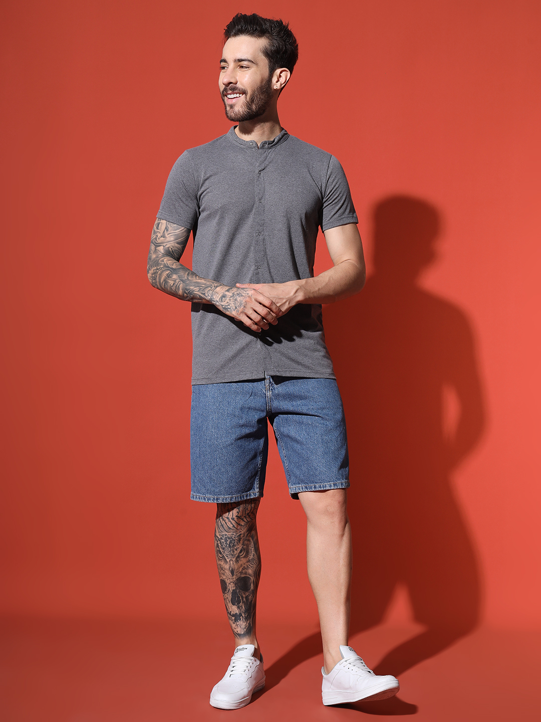 Men’s Grey Mandarin Collar Button-Down Cotton T-Shirt – Slim Fit Casual Tee by Sthulas