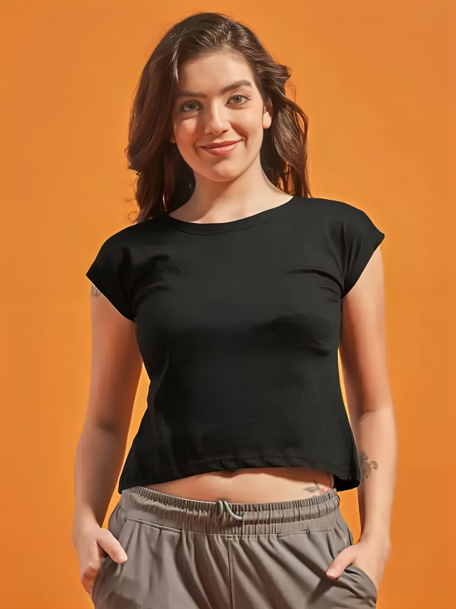 Women’s Black Cotton Crop Top – Casual Slim Fit Round Neck | Sthulas