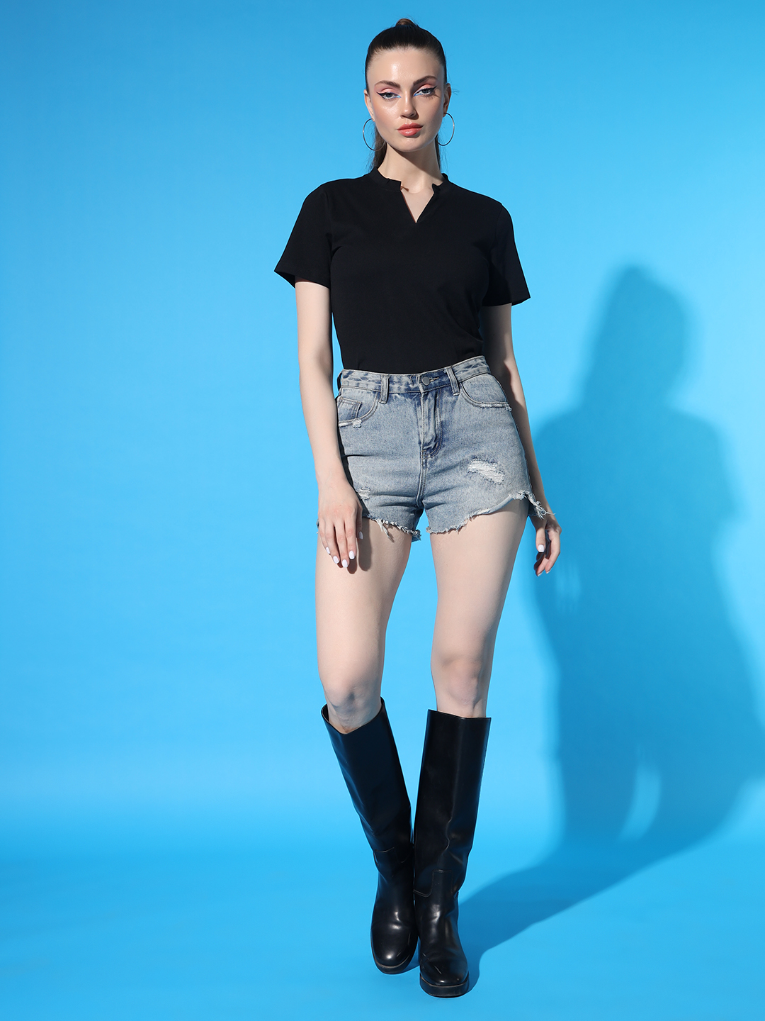 Women’s Black V-Notch Neck Casual Top – Soft Cotton Short Sleeve Everyday Wear | Sthulas