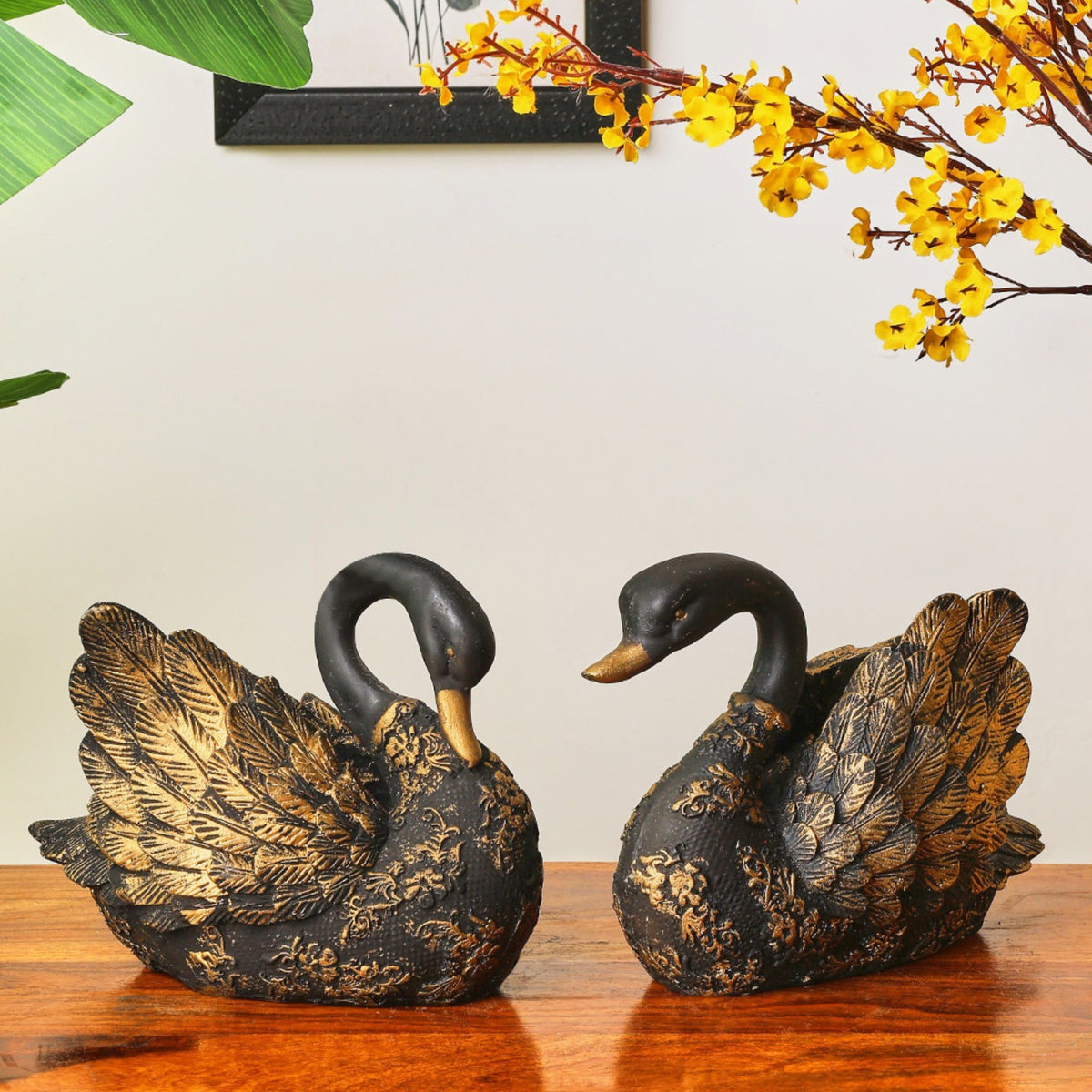 Sthula's  Black & Gold Swan Decorative Showpiece Set – Elegant Bird Figurines