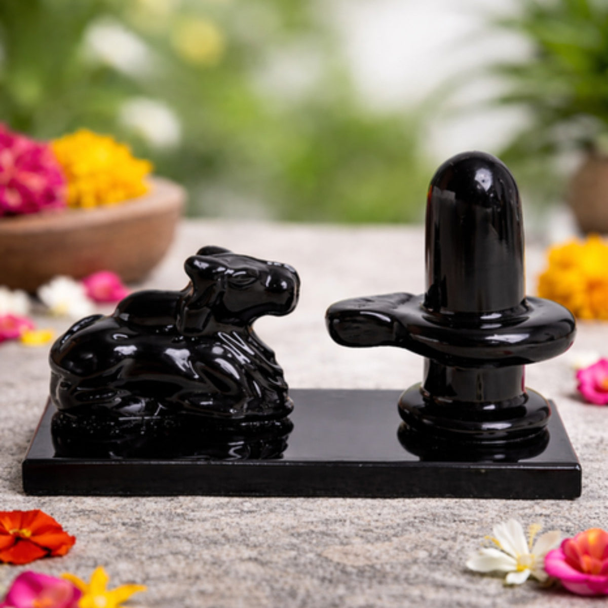 Sthula's Shivling Nandi Decorative Showpiece Set – Black Resin Religious Idol