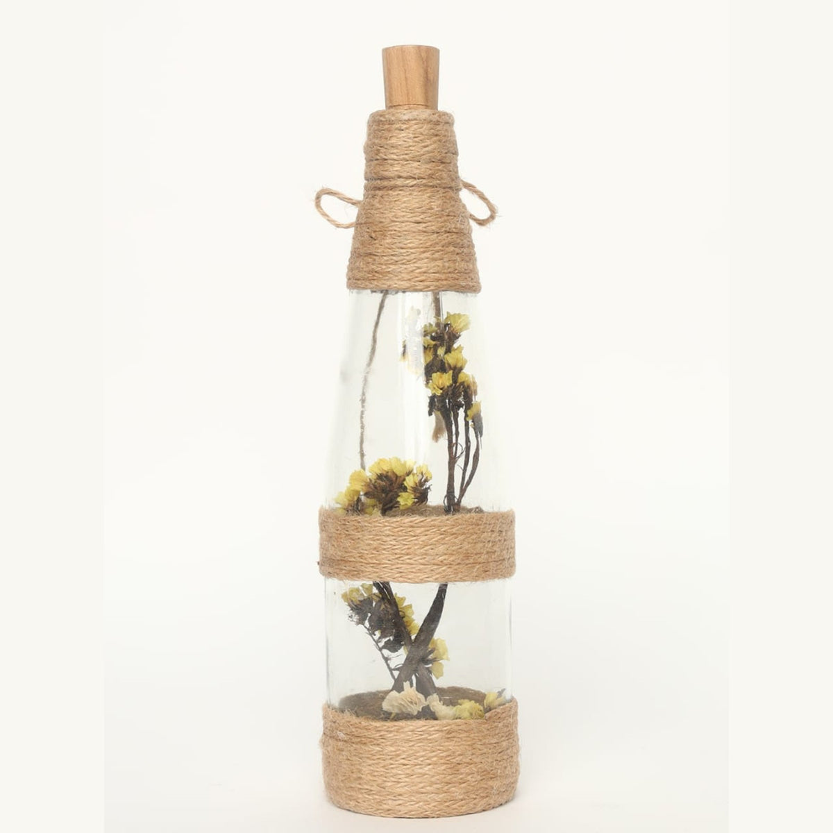 Sthula's Decorative Glass Bottle with Dried Flowers – Rustic Jute Rope Table Décor