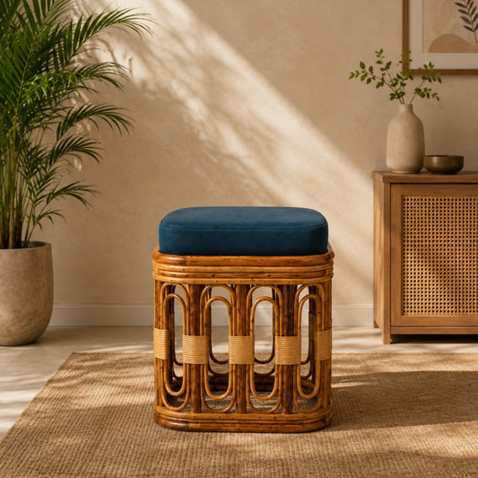 Sthula's  Rattan Cane Accent Stool – Natural Brown Wooden Stool