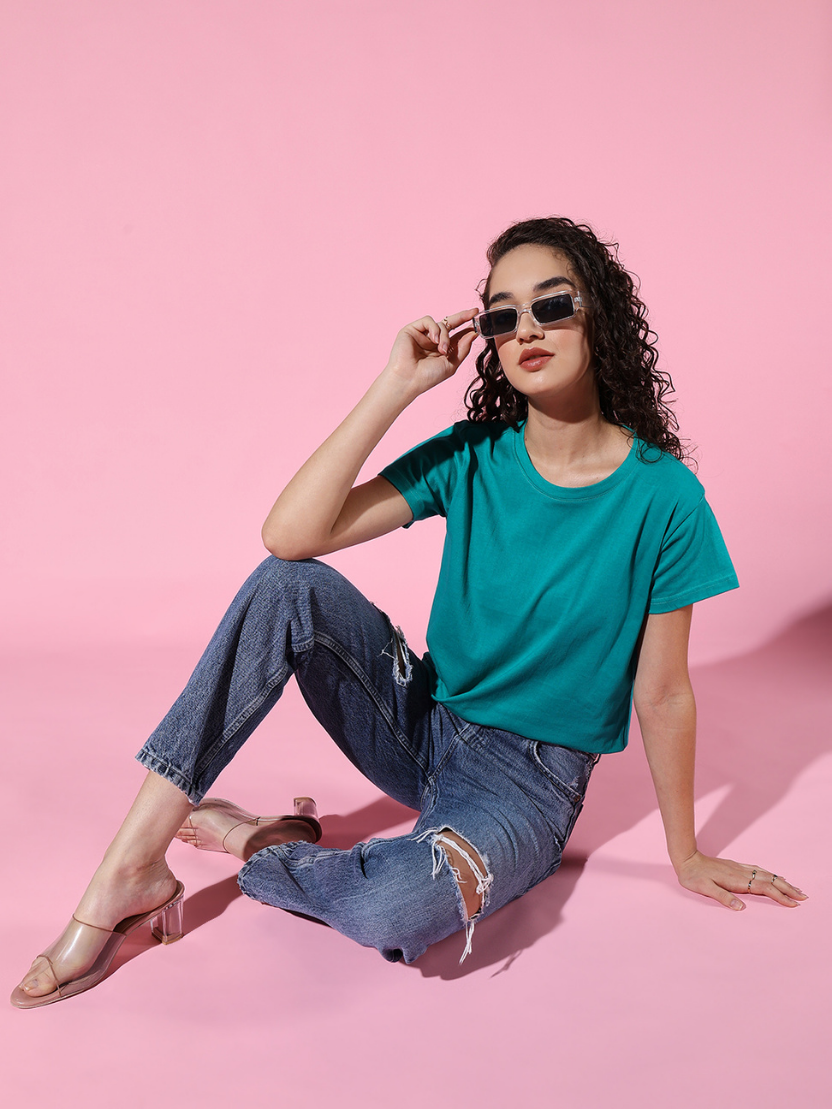 Sthula's Women Teal Green Cotton T-Shirt